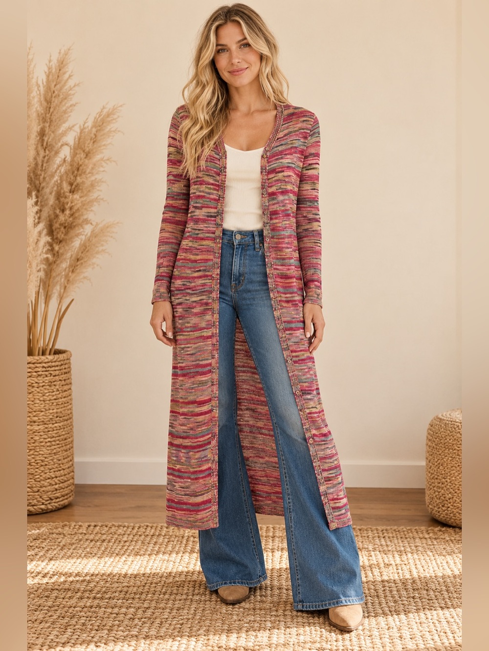 Free People Harmony Long Multi-Color Knit Duster Cardigan - Boho Aesthetic